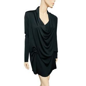 New Betsy Moss Silk/Jersey Black Katie Long Sleeves High Low Dress S Cowl Neck